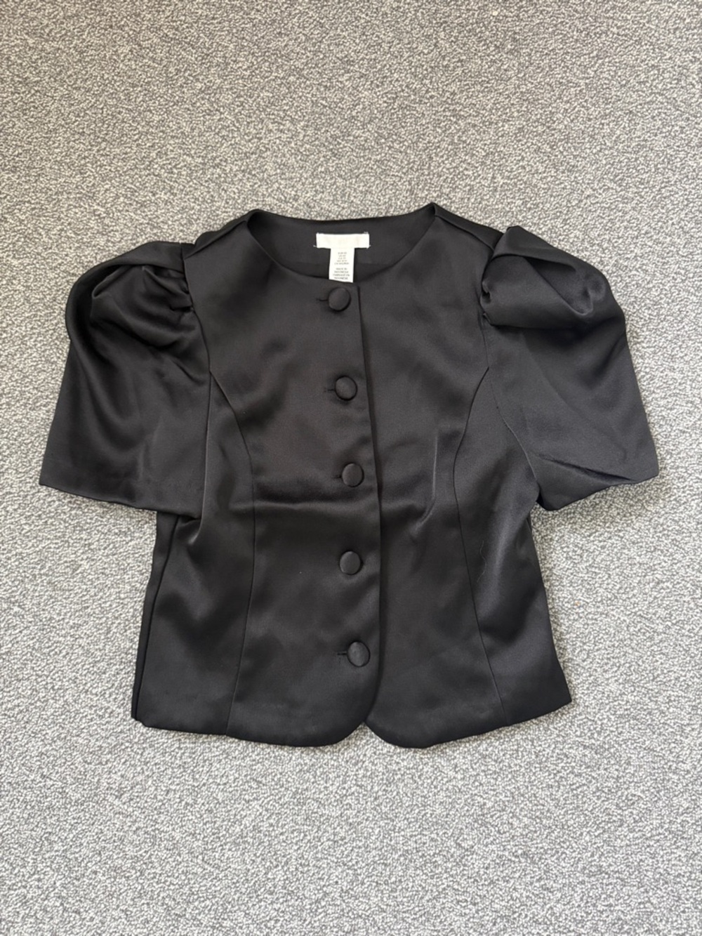 H&M Black Satin Puff-Sleeve Button Front Blouse